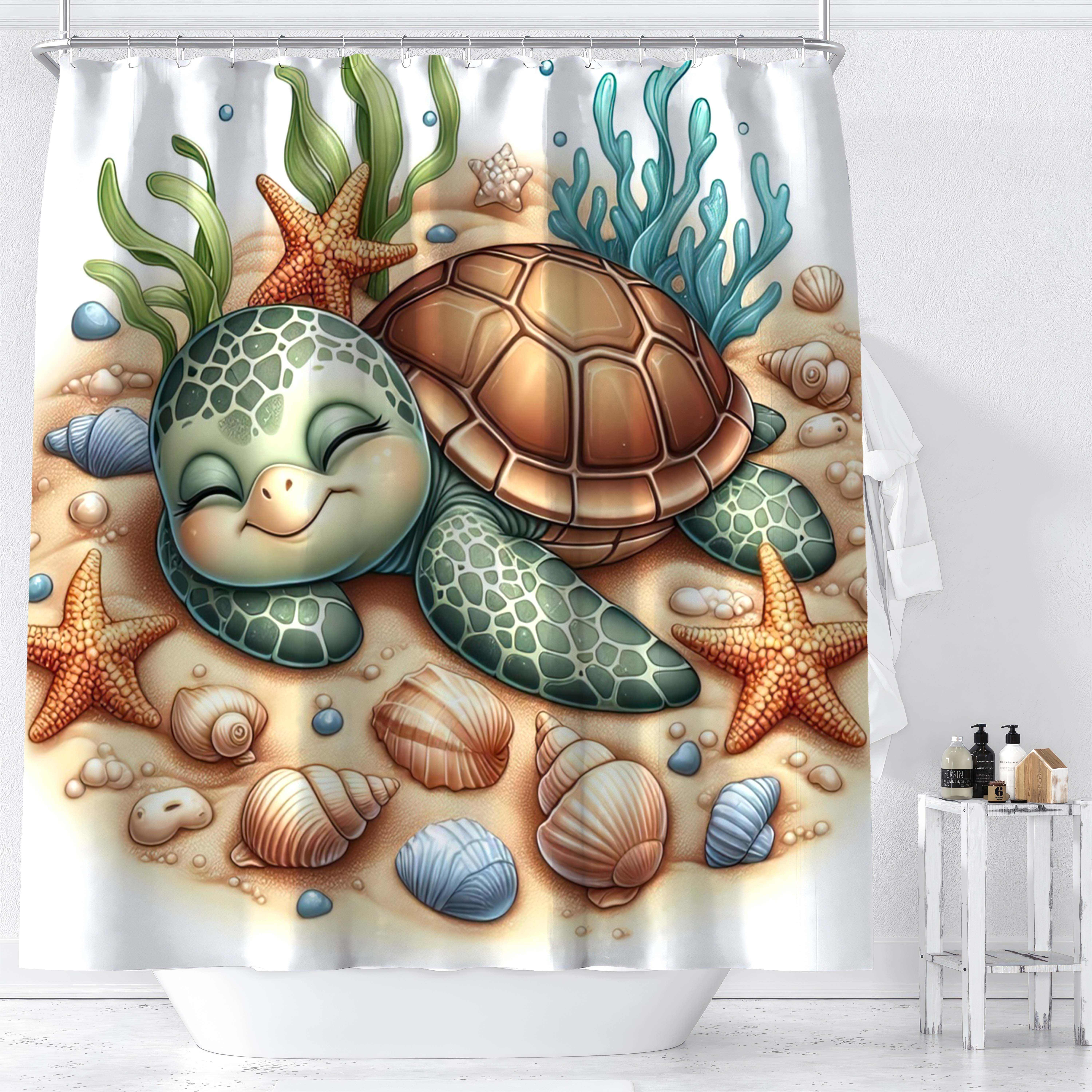 

1pc Cute Cartoon Sea Turtle Starfish Seashells Greenery Digital Print Shower Curtain, Waterproof Bathroom Decor