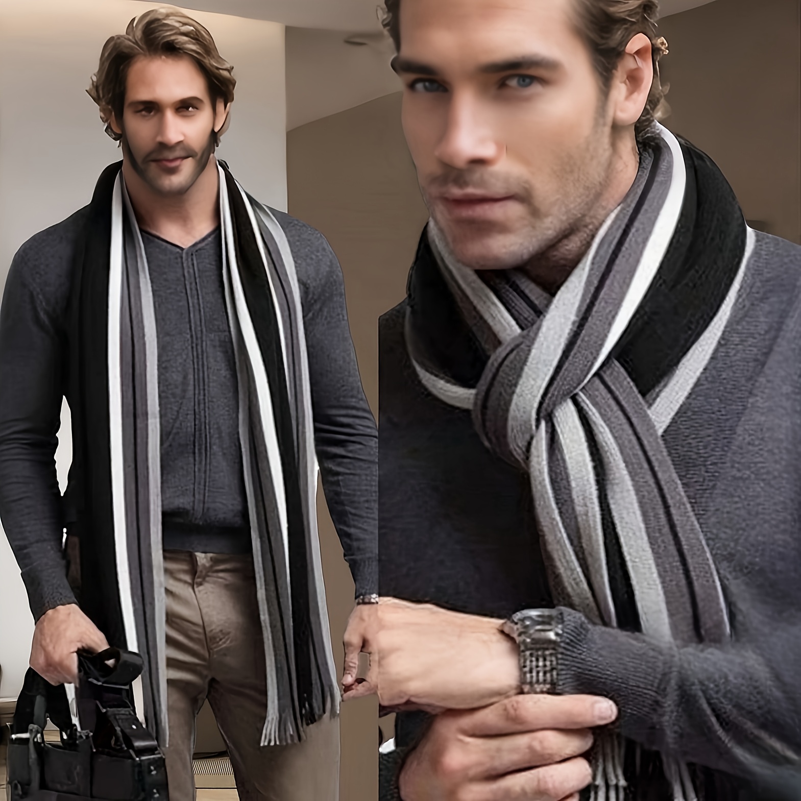 

1 Men's Casual Striped Warm Artificial Scarf With Tassel -knitted Fashion Accessories, Suitable For Trends.