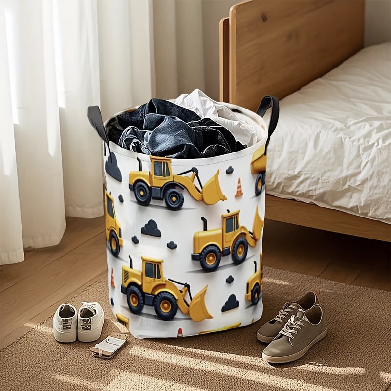 TEMU 1pc Construction Vehicle Excavator Design Foldable Laundry Basket, Circular Shower Basket Suitable For Bathroom And Bedroom, Used For Wardrobe