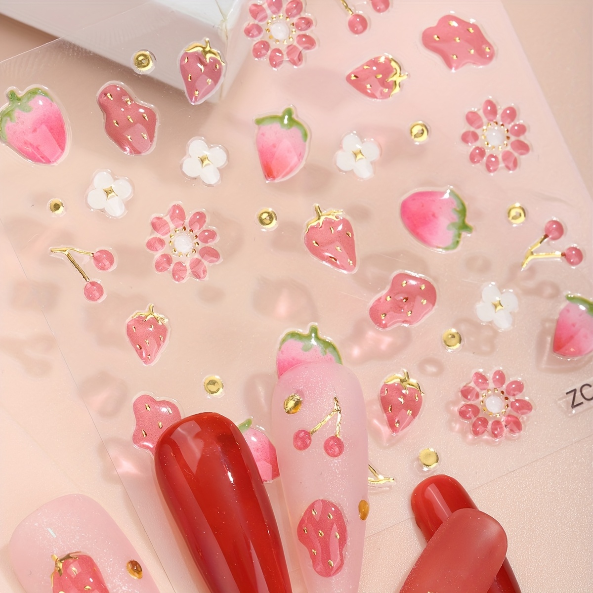 1pc 5d Three-dimensional Nail Art Stickers, Cute Cartoon Fruit Strawberry, Flower, Cherry, Golden Polka Diy Self-adhesive Nail Art Decoration, Suitable For Women And Daily Use Of Nail Art Supplies