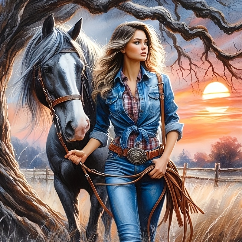 

Diy 5d Diamond Painting Kit - Beautiful Cowgirl & Horse Under Sunset | Acrylic Diamonds | Paint By Numbers Mosaic Art For Home Decor | Bedroom, Office, Living Room | Craft Set