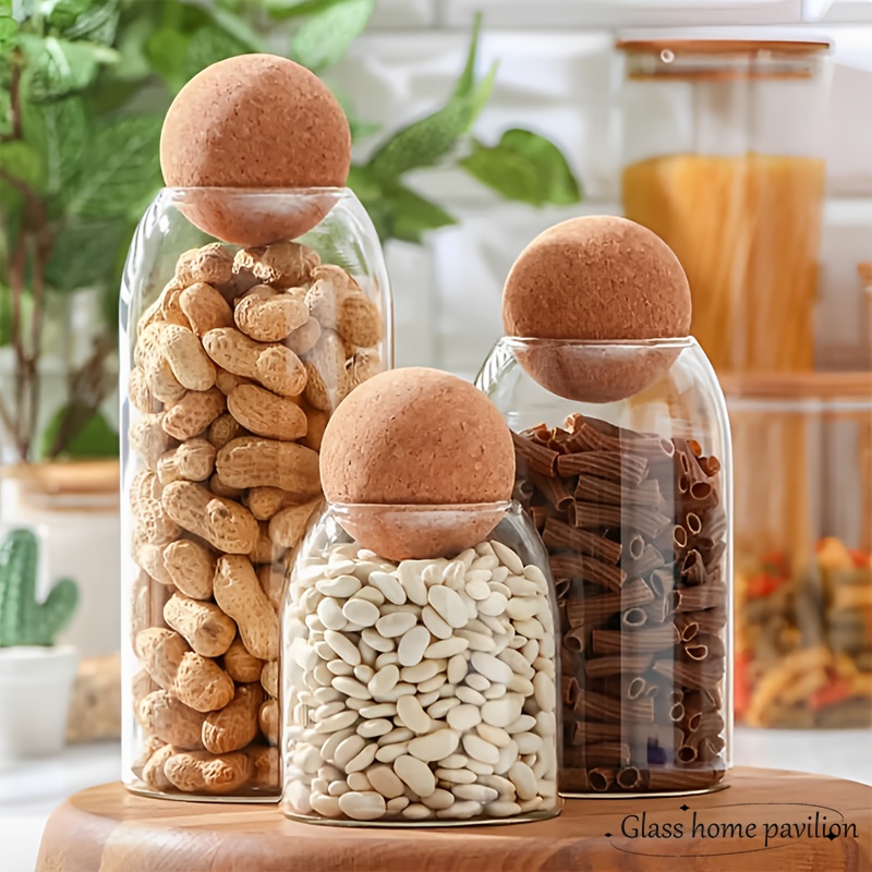 Tres Contenedores de Vidrio con Tapones de Corcho Esféricos, Frascos de Especias, Frascos de Sellado, un Pequeño Frasco de Vidrio para Dulces y Encantadoras Botellas Organizadoras Decorativas con Tapas Esféricas de Madera, Adecuados para Guardar Dulces, Granos de Café, Nueces, Especias