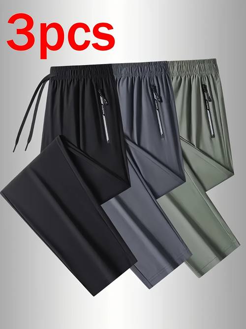 3pcs mens summer jogger pants breathable ice silky fabric with elastic drawstring waistband straight leg design zippered pockets casual athletic pants for running lounge outdoor black dark gray olive green