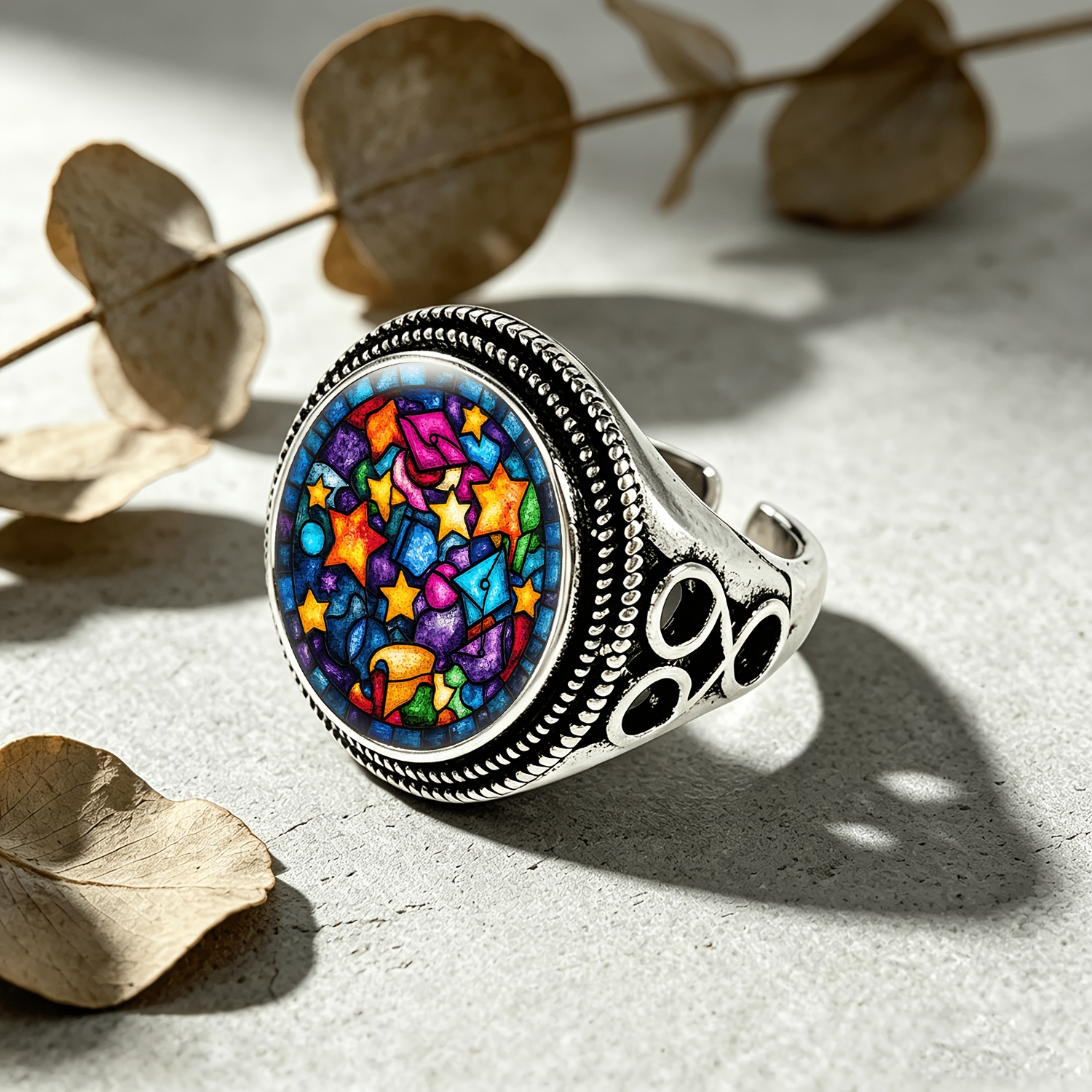 Classic Black Side-Hollow Carved Adjustable Open Ring with Stained Glass Design