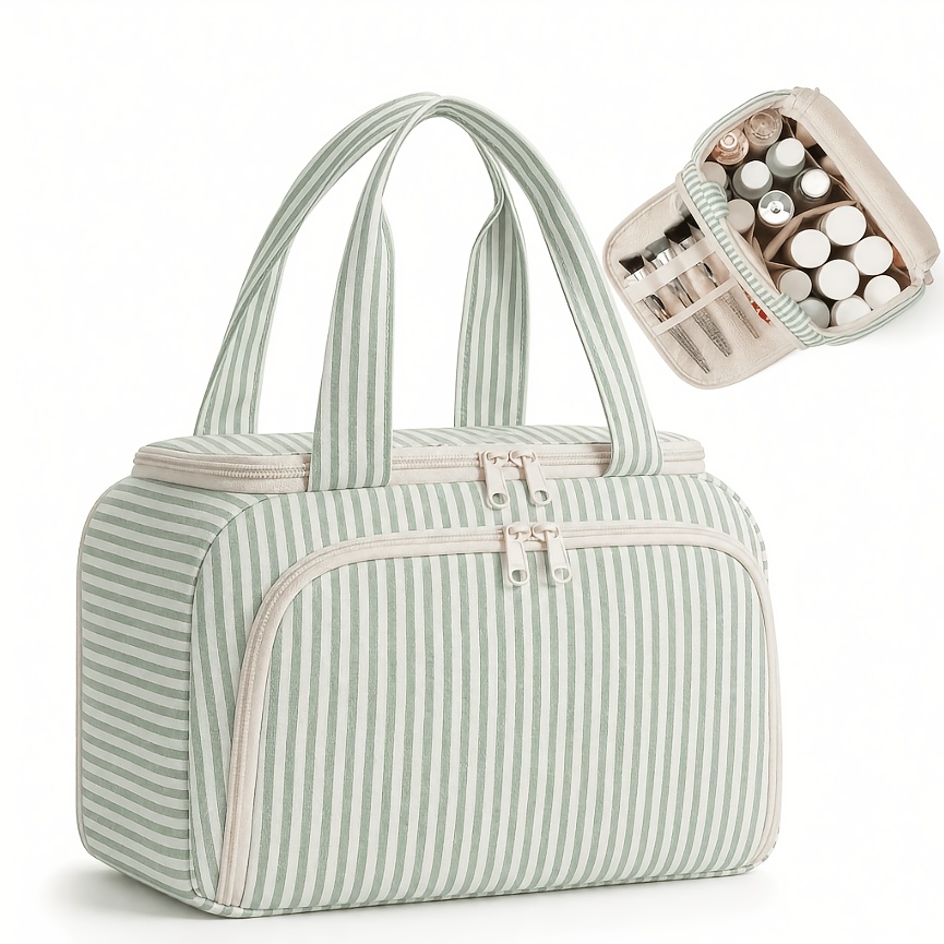 Image of Preppy Aesthetic Makeup Bag Large Capacity Striped Bag With Handle Travel Toiletry Bag Makeup Organizer For Women And Girls Perfect Gift