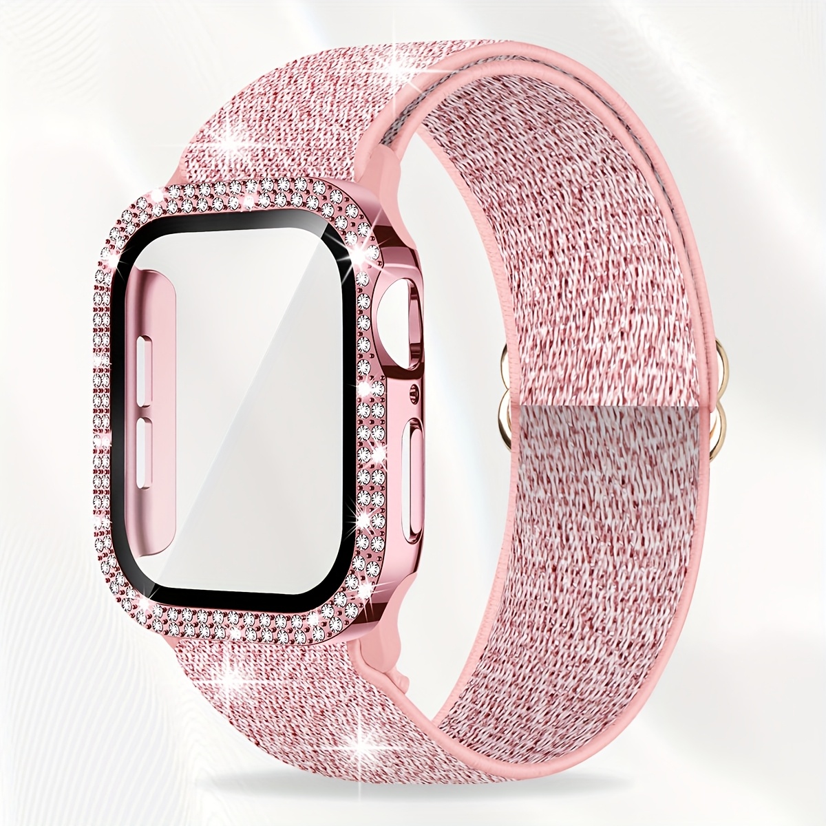 E-shop Armband für Apple Watch 40mm 41mm 44mm 45mm mit Damen-Displayschutzhülle, dehnbarem Band Diamantgehäuse aus gehärtetem Glas für iWatch Serie 6 5