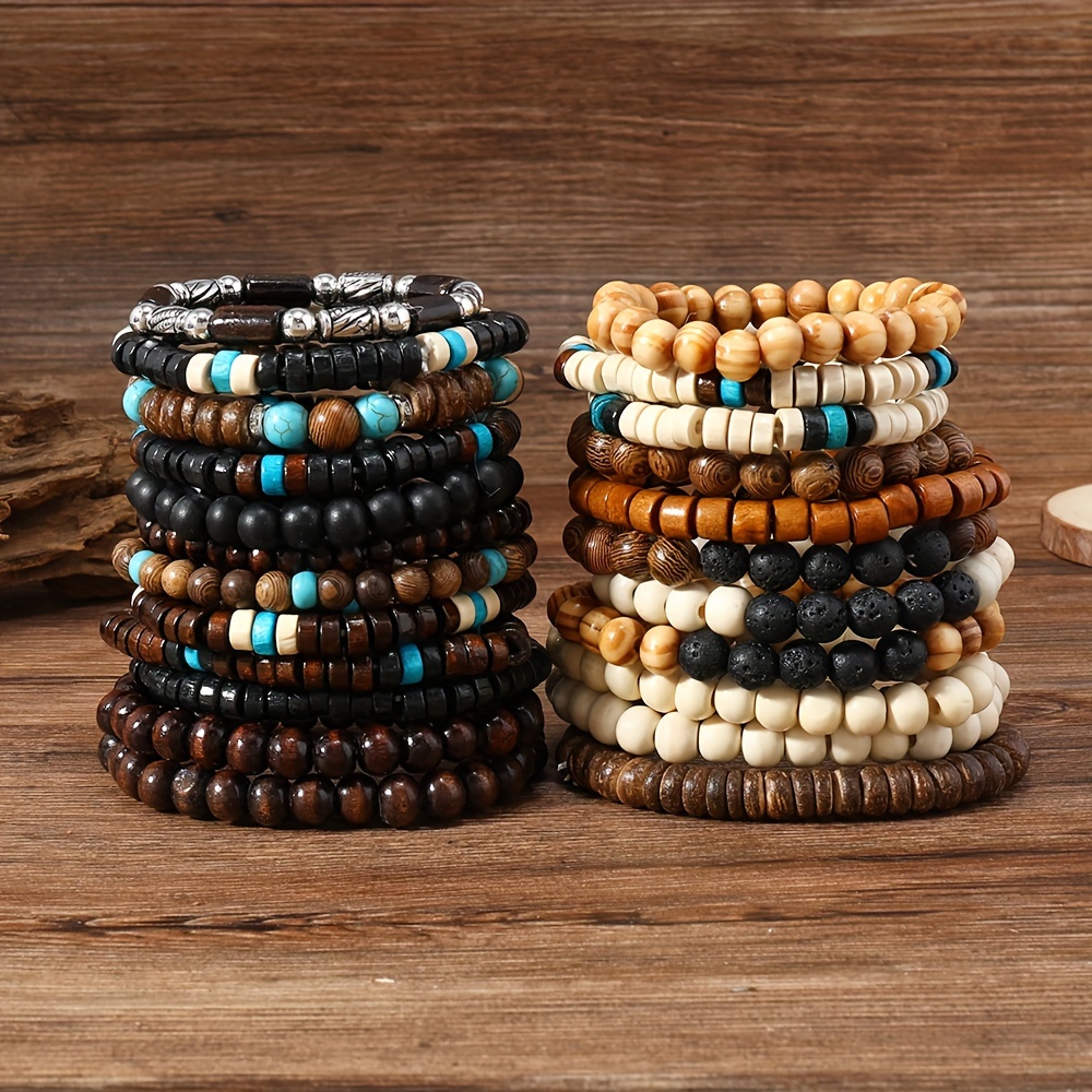 

23-piece Boho Chic Bracelet Set For Men & Women - Volcanic Stone & Wood Beads, Versatile Fashion Accessory