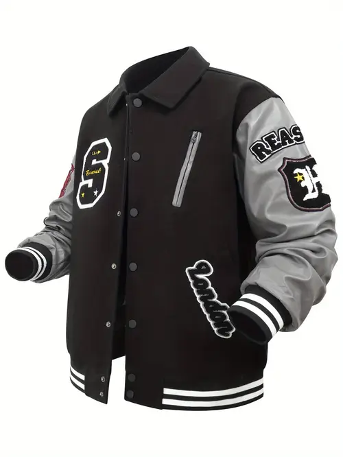 mens varsity jacket retro baseball coat loose anti pilling polyester outerwear with dual pockets and inner pocket