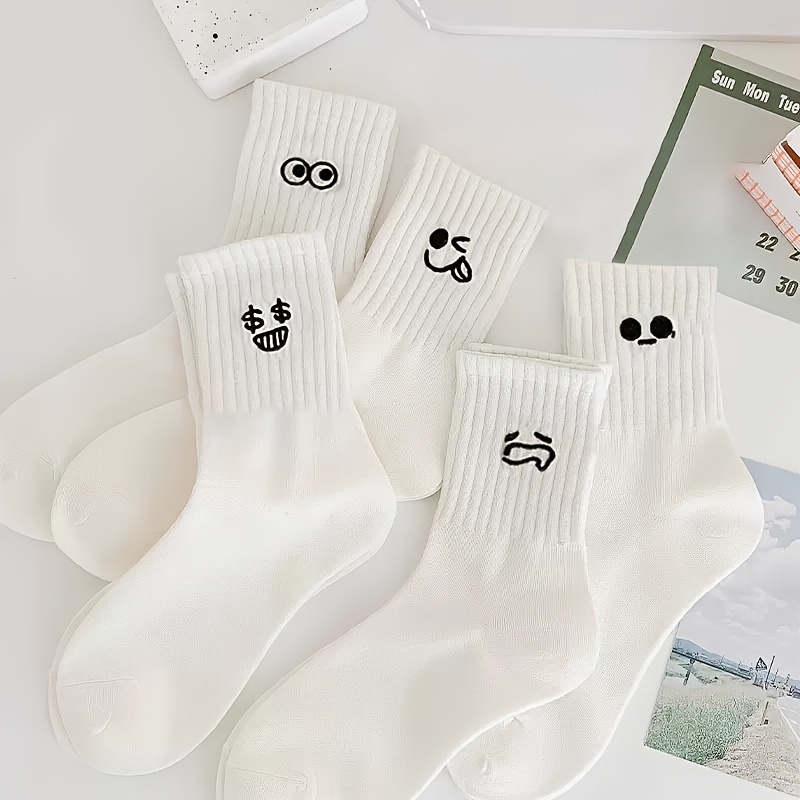 

5 Pairs White Expression Socks, Simple & Breathable Mid Tube Socks, Women's Stockings & Hosiery