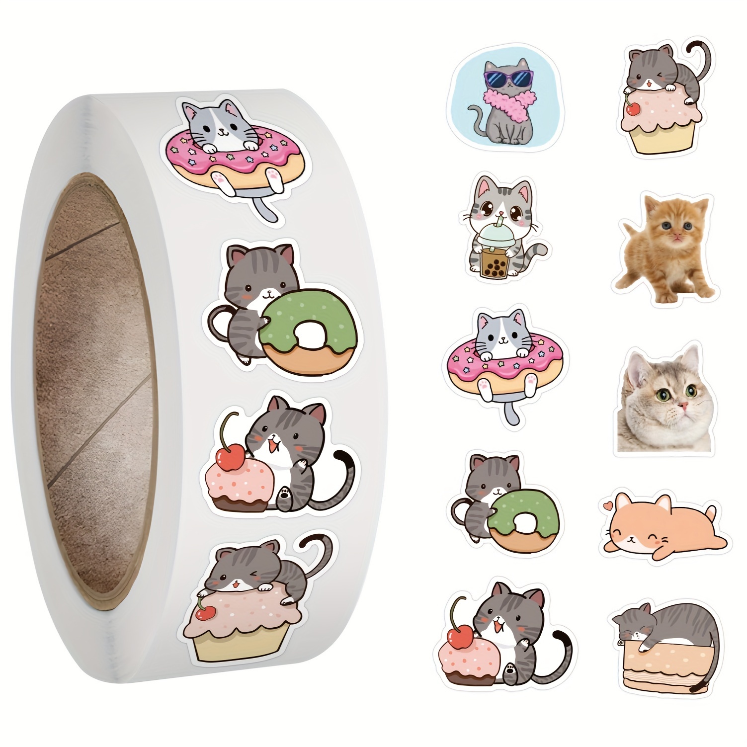 

500-piece Cat Sticker Roll - Vinyl Decals For Scrapbooking, Laptops, Water Bottles & More - Durable, Reusable Cartoon Anime Designs