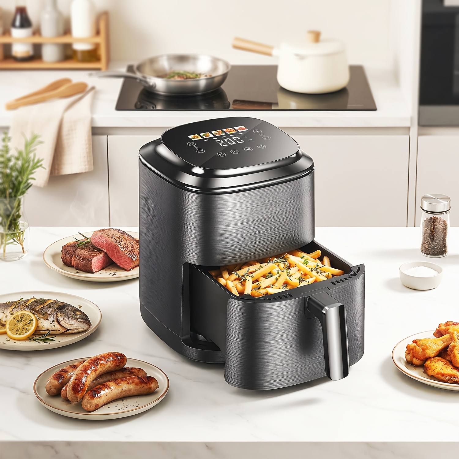 Image of Air Fryer With Parts Suitable For Fries, Steak, Chicken Wings, Bbq Grill & , Compact For, Picnic, Camping, Parties, Menus, Heating, Plug-in For European Voltage (220-240)