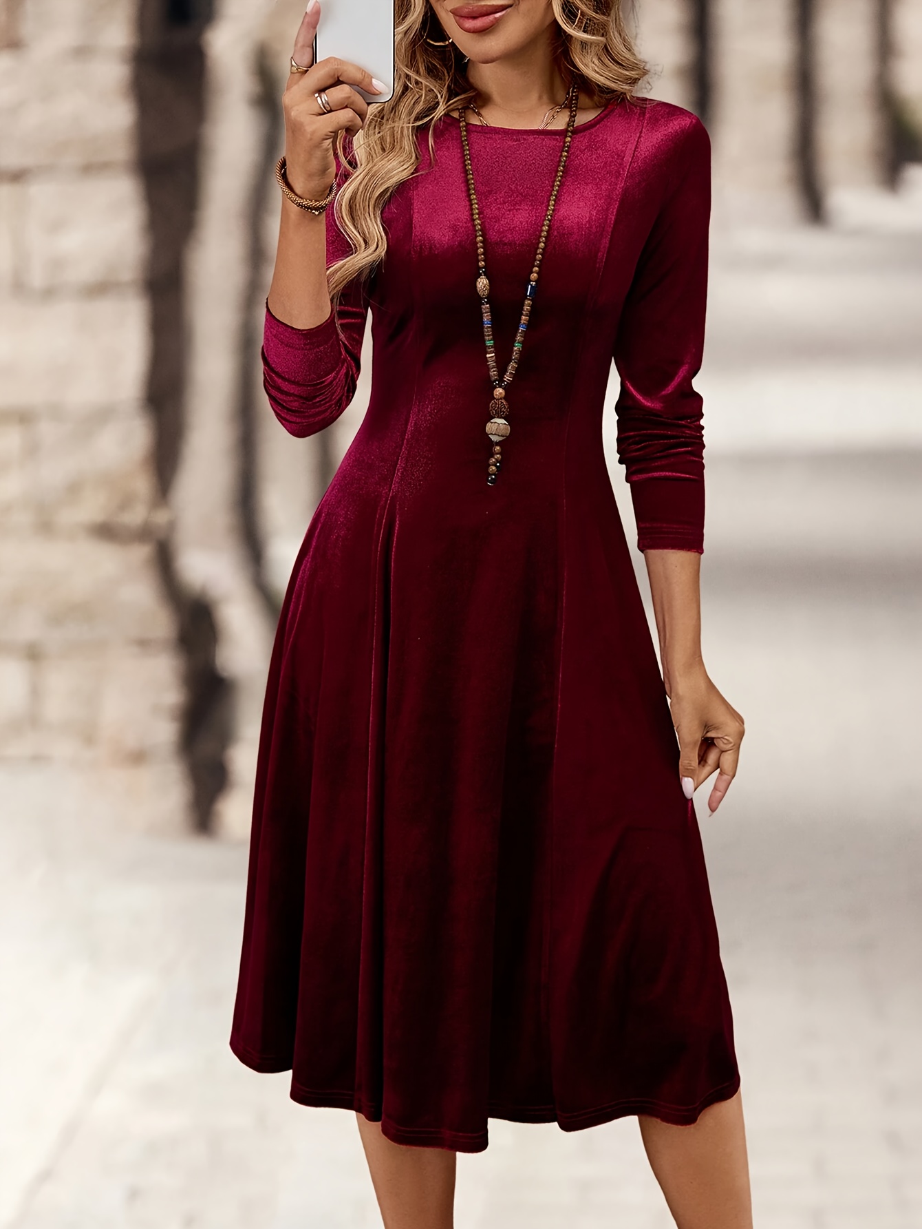 elegant womens solid color fit midi dress long sleeve a - Temu Greece