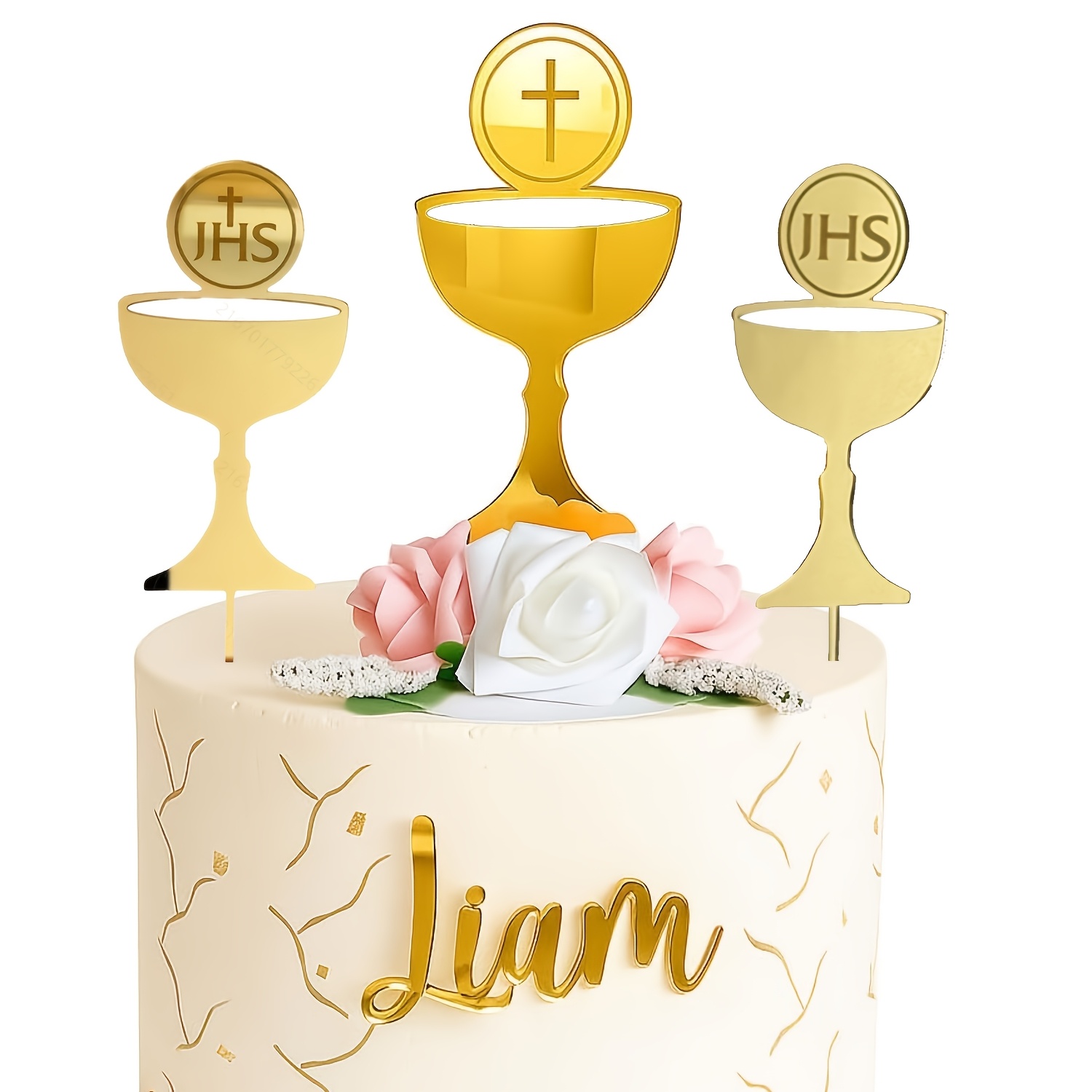 Image of 3pcs Golden First Communion Cake Topper Cup, Cross Charm, God Decoration Cake Topper For Baptism, Christening, Baby Shower Communion, Halloween, Christmas