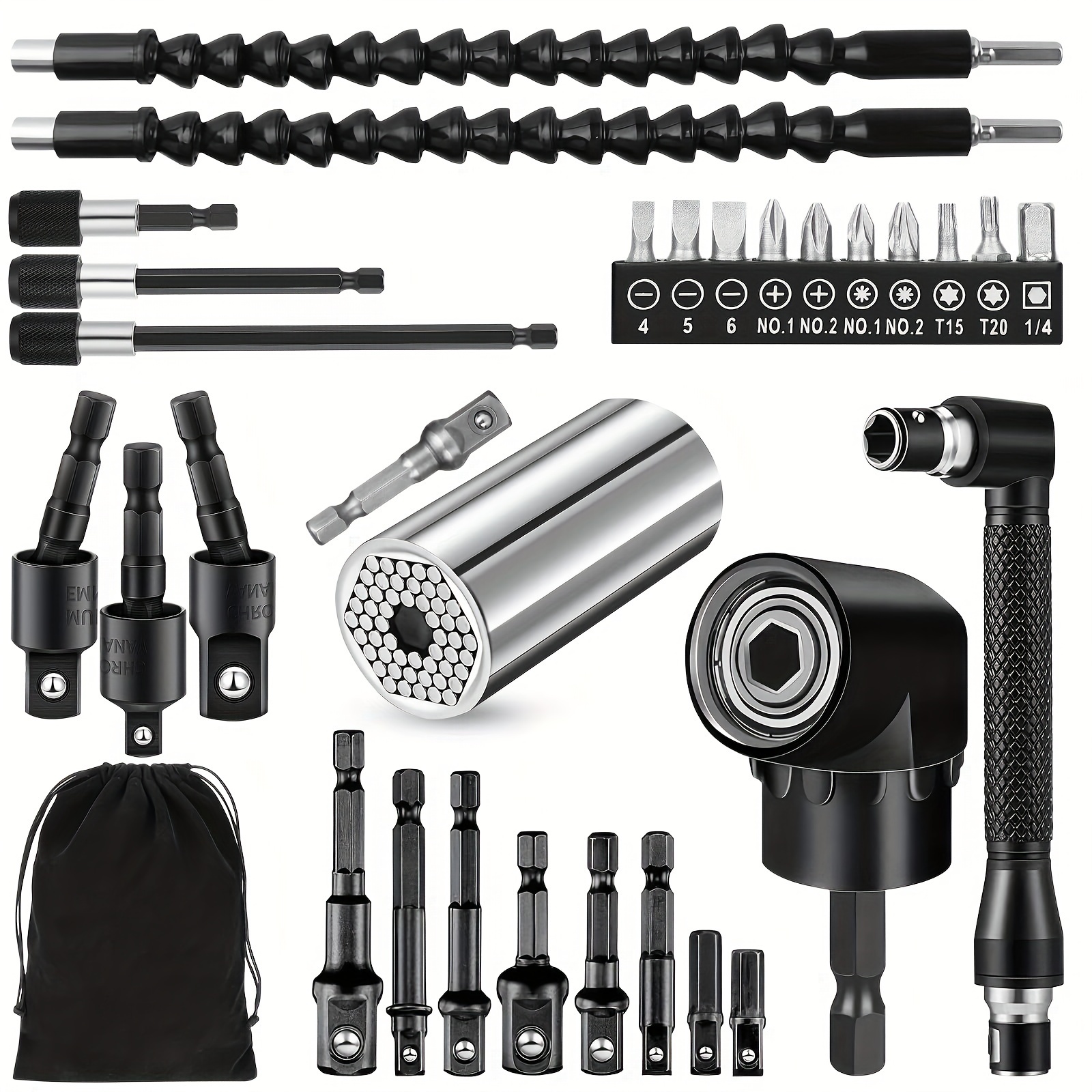 

Flexible Drill Bit Extension Set, 105° Right Angle Drill Attachment, 1/4 3/8 1/2" Hex Shank Impact Driver Socket Adapter Rotatable Socket, Bendable Drill Bit Extension And Screwdriver Bit Kit