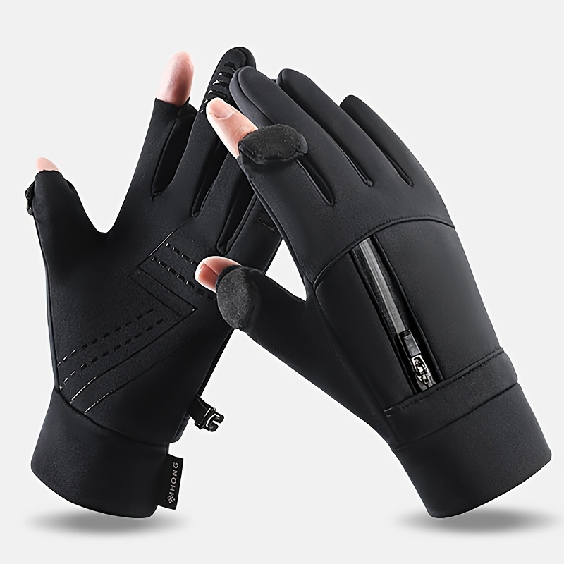 

Zipper Closure Fishing Gloves - Touchscreen Compatible, Water-resistant Windproof Polyester Cycling Gloves - Hand Washable, Black (1 Pair)