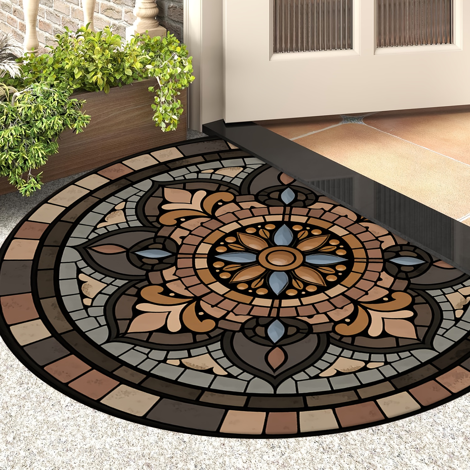 TEMU 2d Printing Outdoor Doormat, 1pc Semicircular Mat, Mosaic Floral Pattern, Printed Design, Suitable For Bedroom, Kitchen, Dining Room, Bathroom,