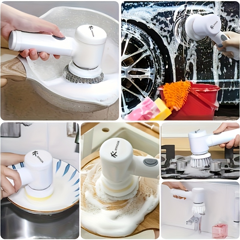 electric rotary scrubber rechargeable multi purpose brush with 5 replaceable brush heads for tiles car glass abs plastic handle portable usb rechargeable 500mah lithium battery kitchen cleaning tools bathroom cleaning supplies Product details 3