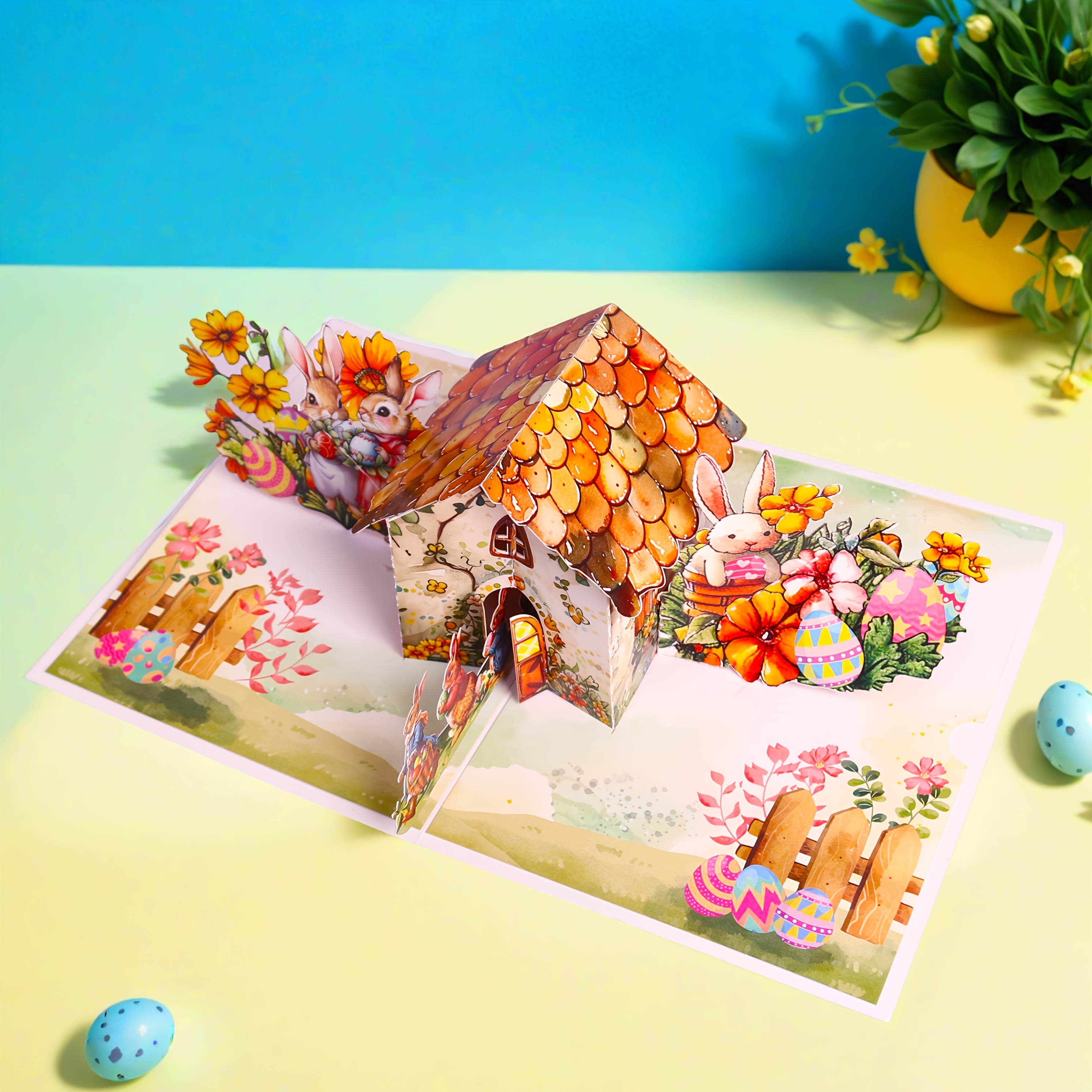 1pc Easter Pop-up Greeting Card, Bunny House Design With Eggs & Bunny, Paper , With Note Card For Anyone