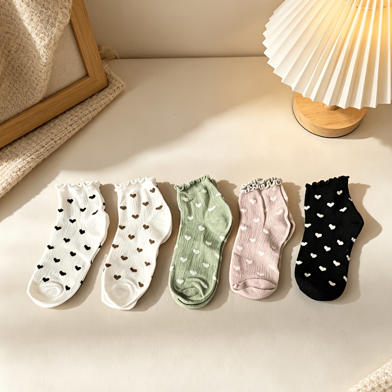 Image of 5 Pairs Women's Short Socks, Lace Cartoon Small Heart Pattern Sweet Elegant High Aesthetic Ins Trendy Fashion Women's Socks, Breathable Moisture-wicking Socks, Athletic Preppy Women's Short Socks