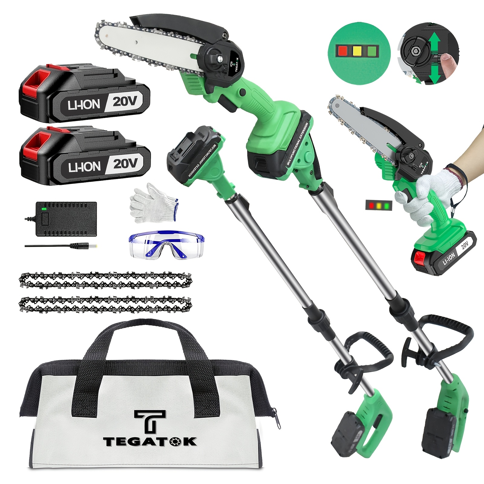 

Tegatok 6in Cordless Pole Saw - Mini Chainsaw With 5.8ft Extendable Reach, Protection, Includes 2 Batteries & - Tree Trimming, Woodworking & Diy Projects, Mini For Woodworking, Tegatok