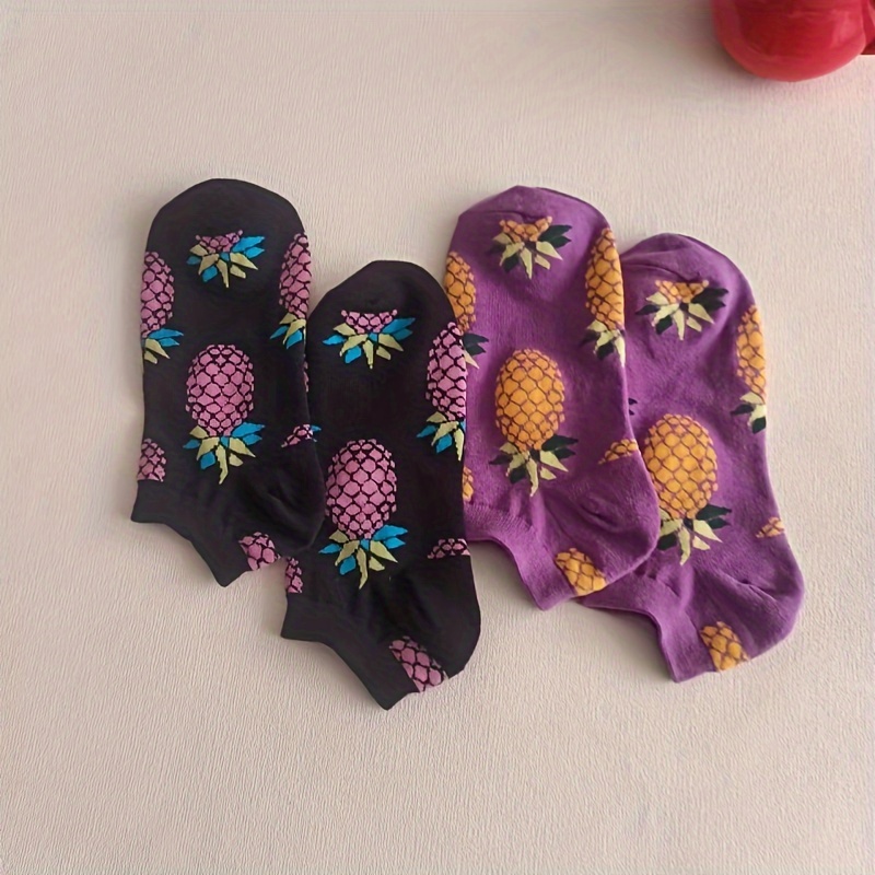 

2 Pairs Pineapple Print Socks, Cute & Breathable Ankle Socks, Women's Stockings & Hosiery