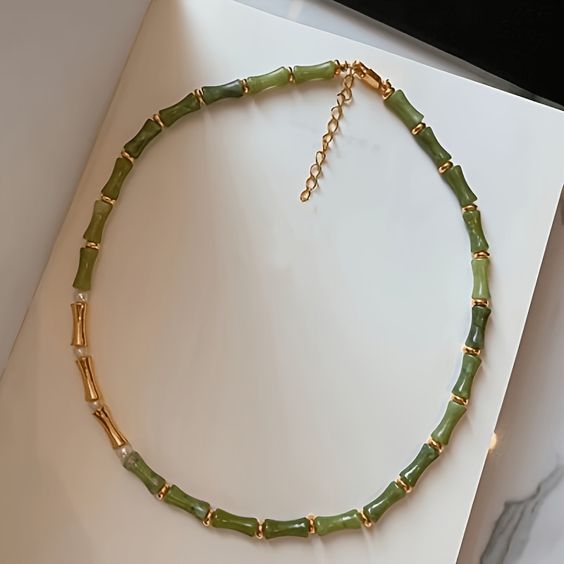 Women's Natural Olive Green Stone Necklace, Bohemian Minimalist