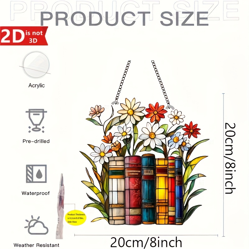 TEMU 2d Flat, 2d Flat Printing Floral And Book Acrylic Light Catcher 8inch X 8inch- Colorful Window Hanging Decor For Home, Office, And Garden| Ideal