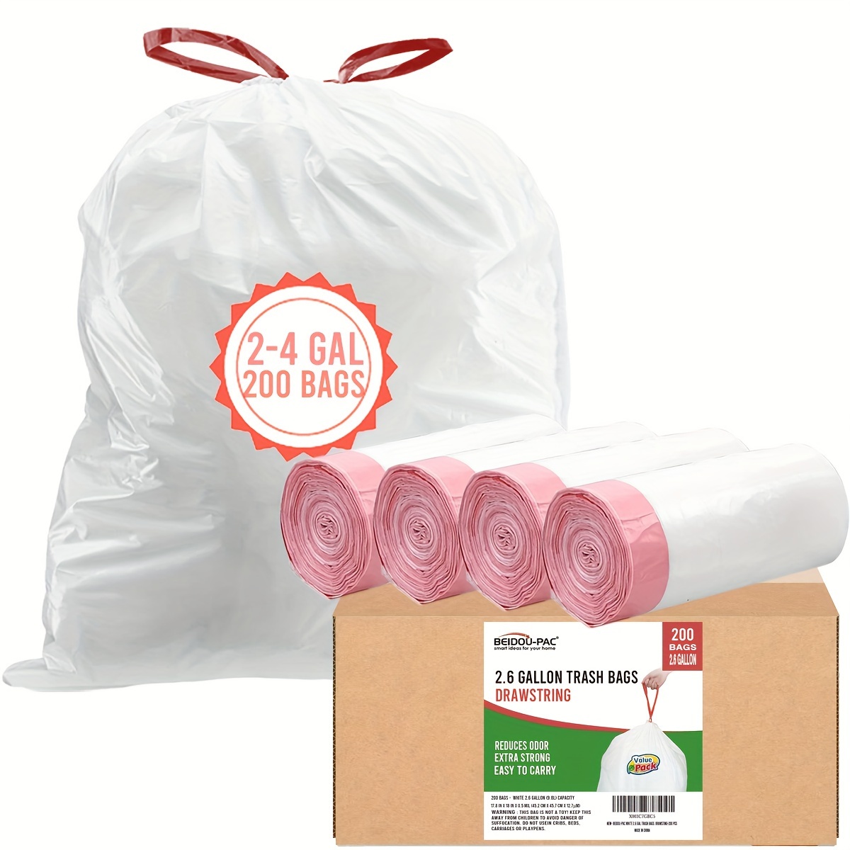 200-Count Gallon Drawstring Trash Bags Bulk Pack, Durable  Polyethylene, Disposable to for Bathroom, Kitchen, Pet Was