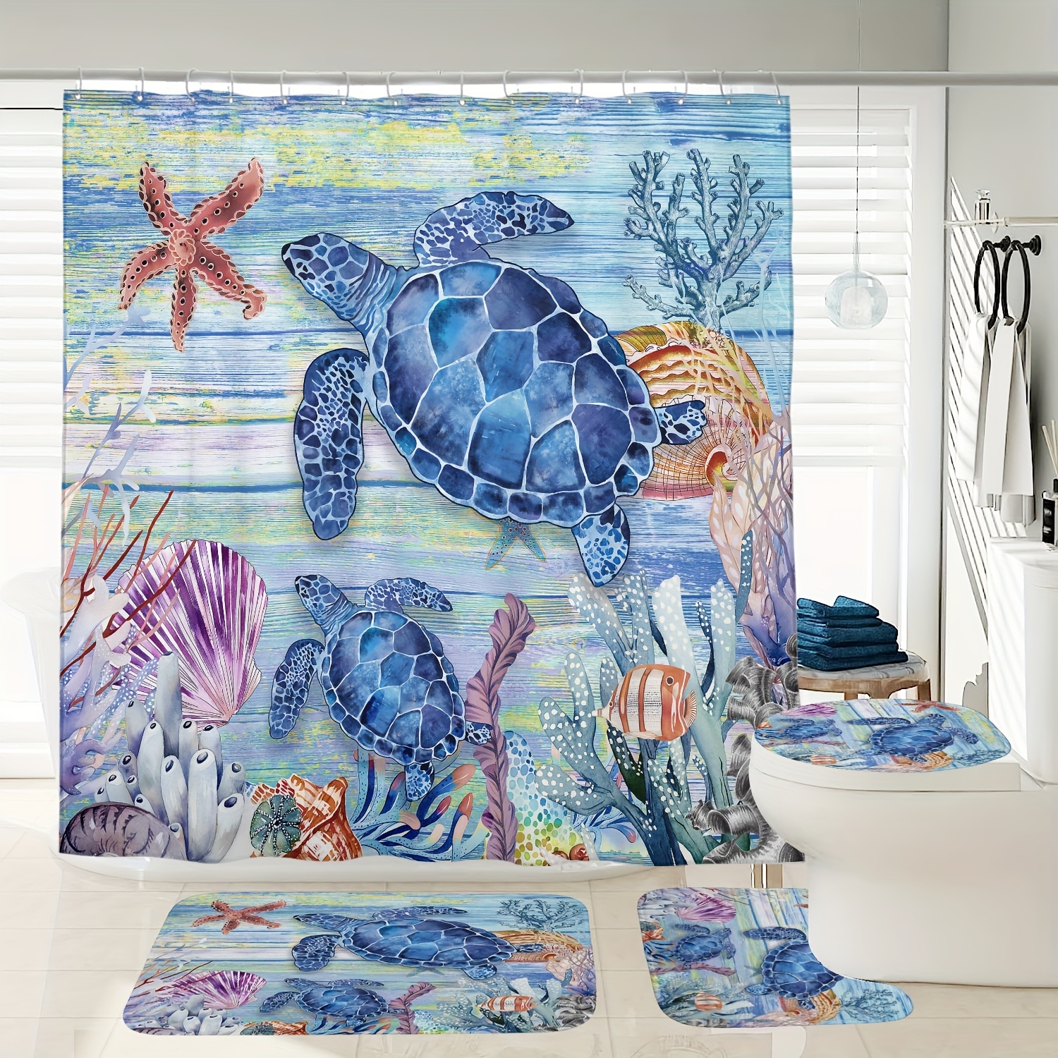 Juegos de baño 4 pc con accesorios para cortinas ducha y alfombras Sea shell