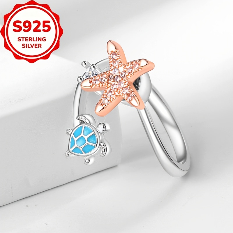 Women's S925 Silver Sea Turtle & Star Rotating Open Ring