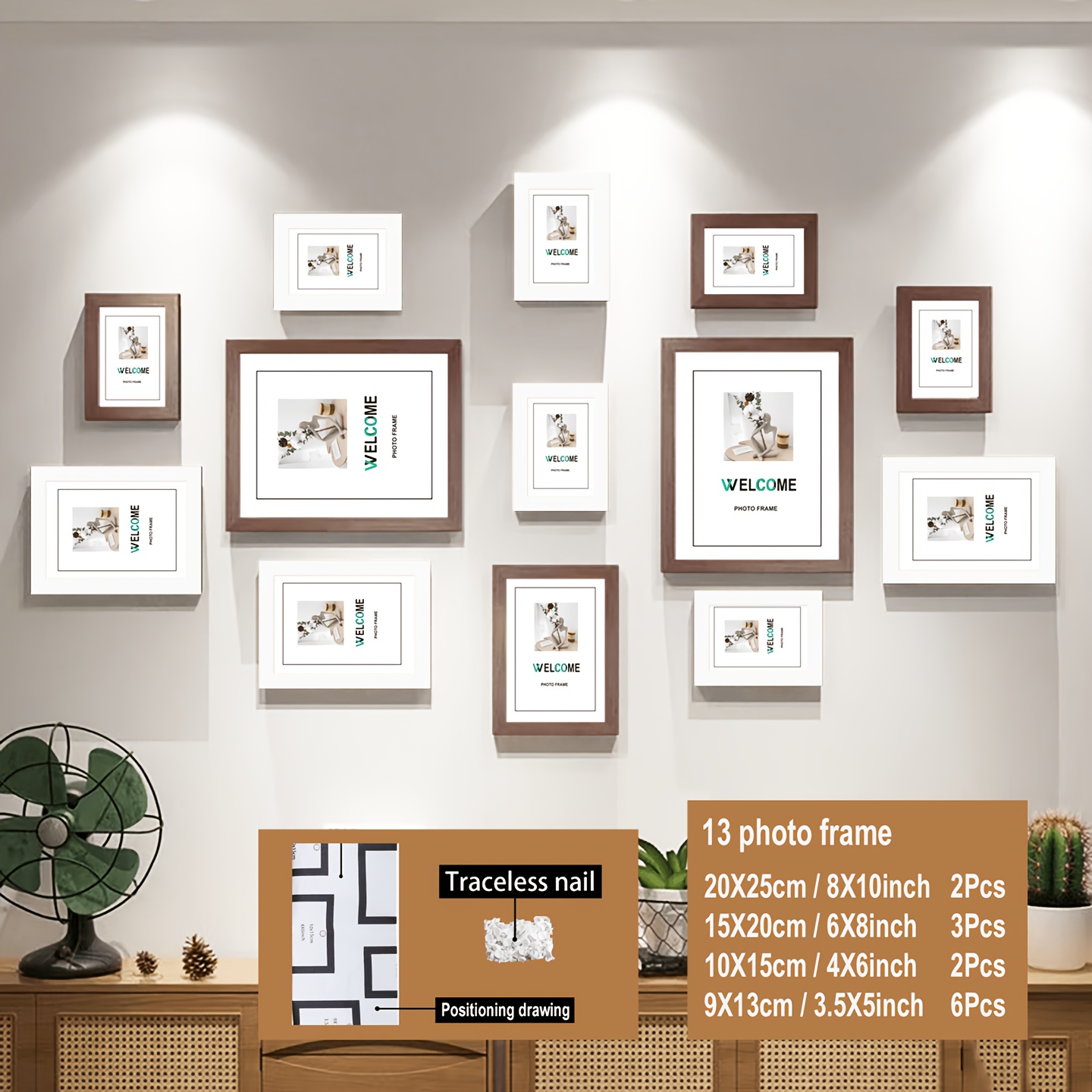 TEMU Combination Of 13 Wooden Photo Frames, Suitable For Family Wall Decoration, Includes Positioning Drawings