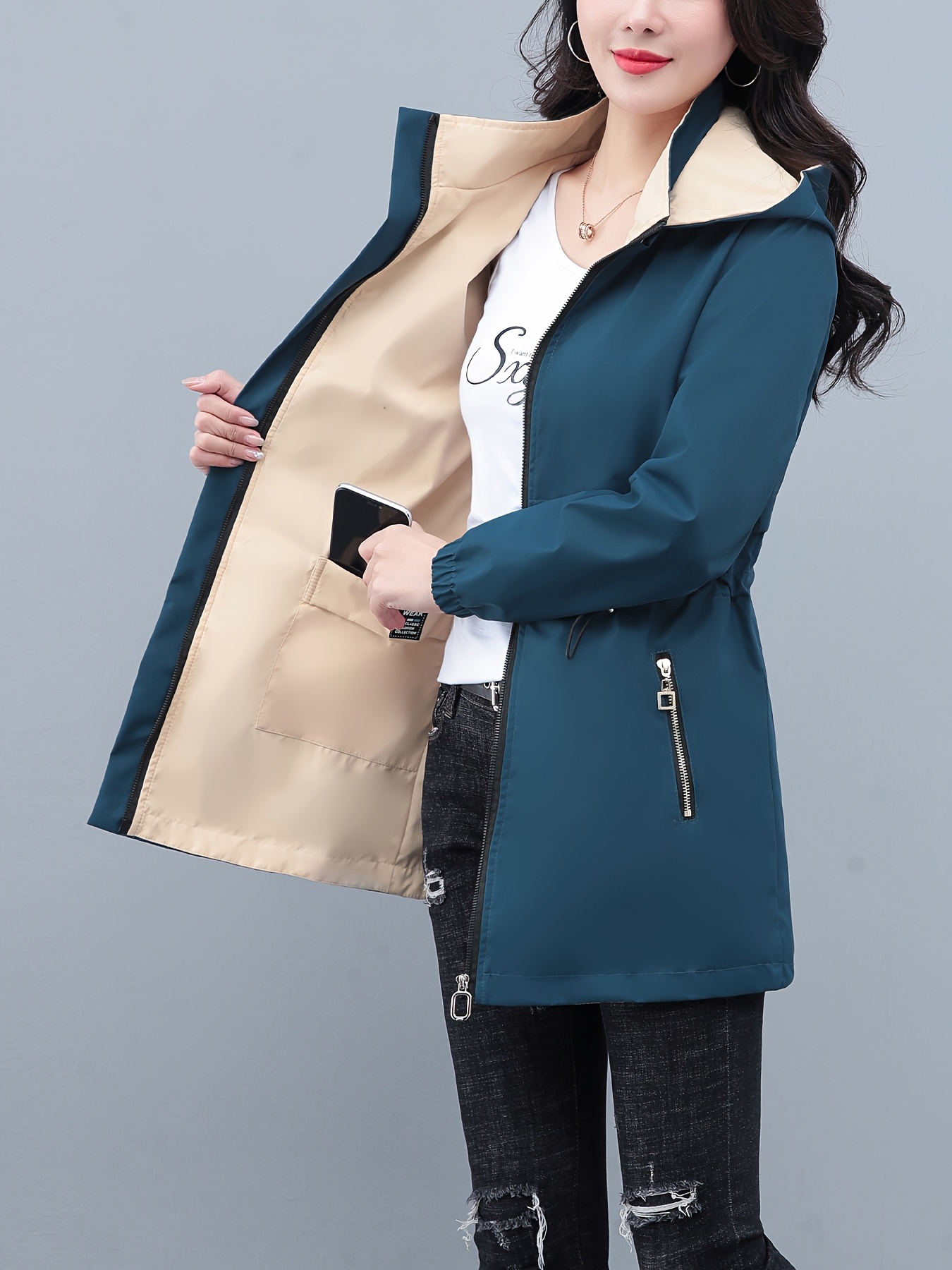 Chaqueta casual reversible para mujer - Elegante chaqueta de media longitud con cintura con cordón, bolsillos con cremallera y cinturón, ideal para actividades al aire libre en primavera/otoño.