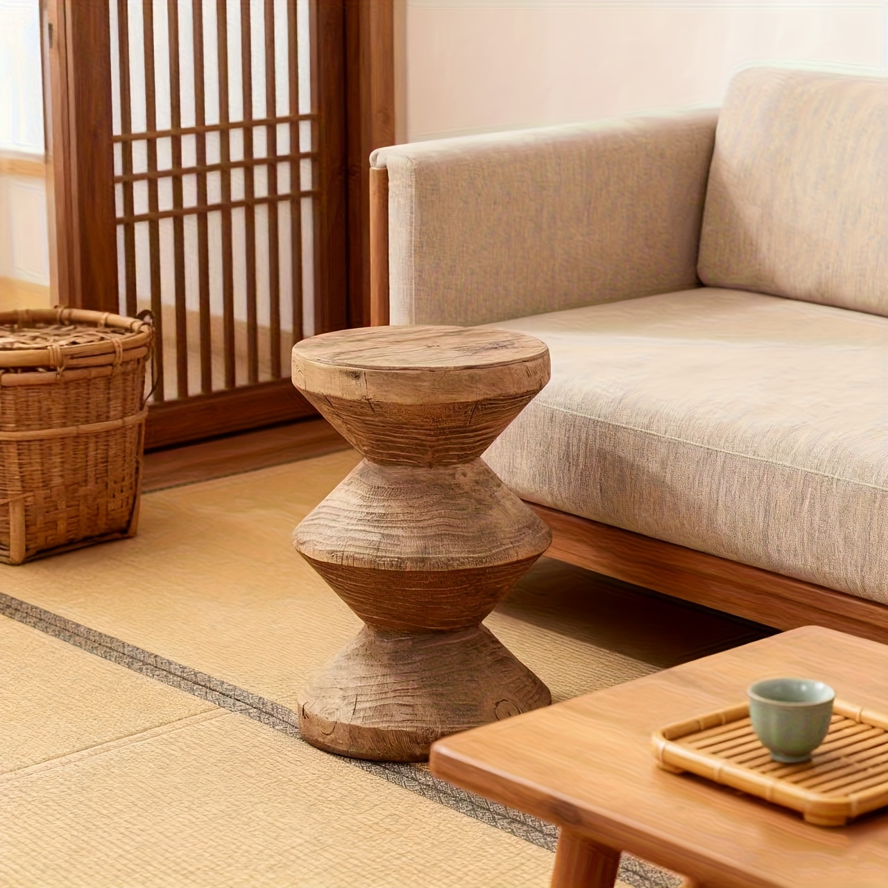 1pc Vintage Wabi-Sabi Style Magnesium Oxide Side Table, Spinning Top Design Nightstand, Natural Artistic B&B Bedroom Side Table - Suitable for Living Room Sofa Side, Bedroom Bedside