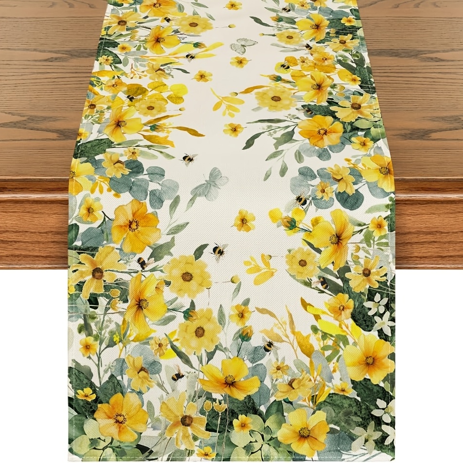 

1pc Floral Table Runner - Polyester Woven Rectangular Table Decor With Daisy And Eucalyptus For Dining Decoration