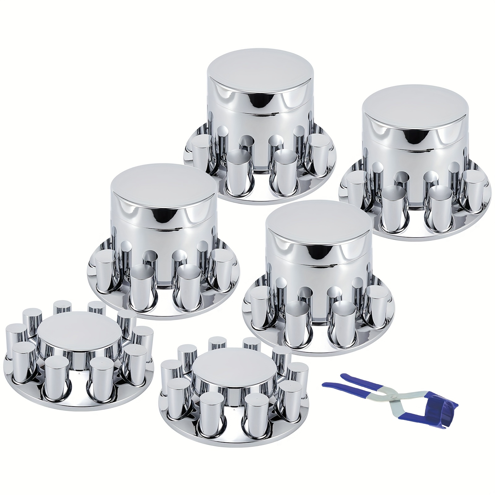 TEMU Chrome Abs Complete Set With Caps And Screw-on Flat Covers For Semi Trucks (2 Front And 4 Rear)