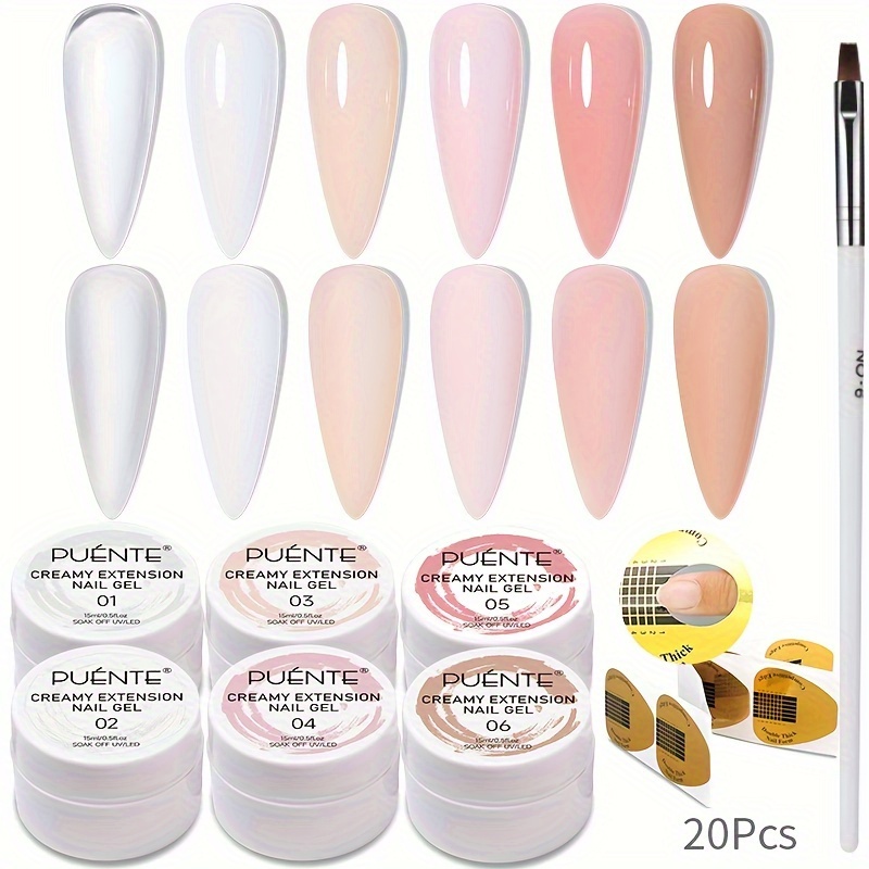 

nail Artistry" Puente 6-color Gel Nail Polish Kit - Creamy Extension Builder, Clear Milky White & Nude Pinkish, Uv/led Soak Off Varnish With Brush & Forms For Diy Manicure