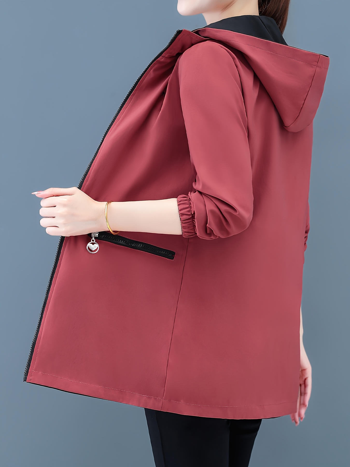 Chaqueta reversible larga para mujer de dos lados, abrigo cortavientos con cintura ajustable, cierre de cremallera delantera/trasera, color verde oliva/tela sin estirar, para oficina, fiestas, uso diario, lavable a máquina, ropa exterior de otoño y primavera, prenda casual con capucha, ideal para capas