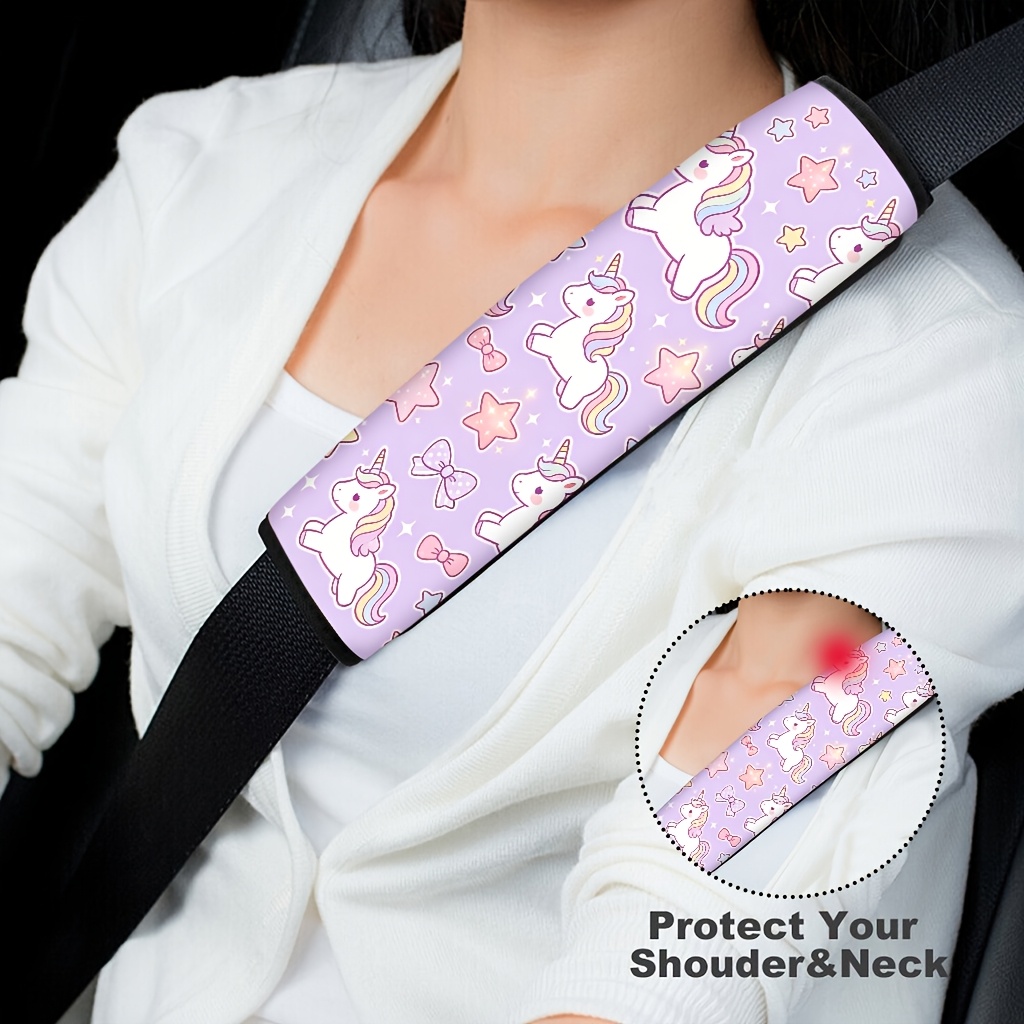 TEMU 1pc Light Purple Base Unicorn Print Car Seat Belt Cover, Unique 2d Printed Design, Car Accessory, Suitable For Backpack And Seat Belt, Holiday