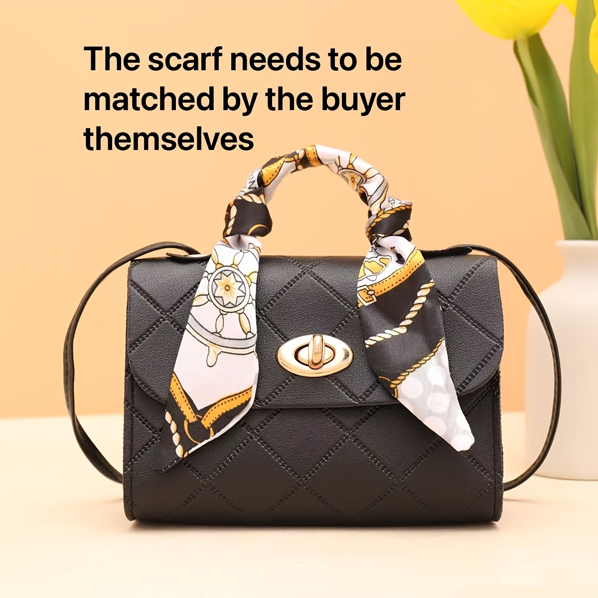 TEMU New Elegant And Stylish Versatile Checkered Embossed Scarf Mini Square Bag, Shoulder Crossbody Bag, Women's Handbag