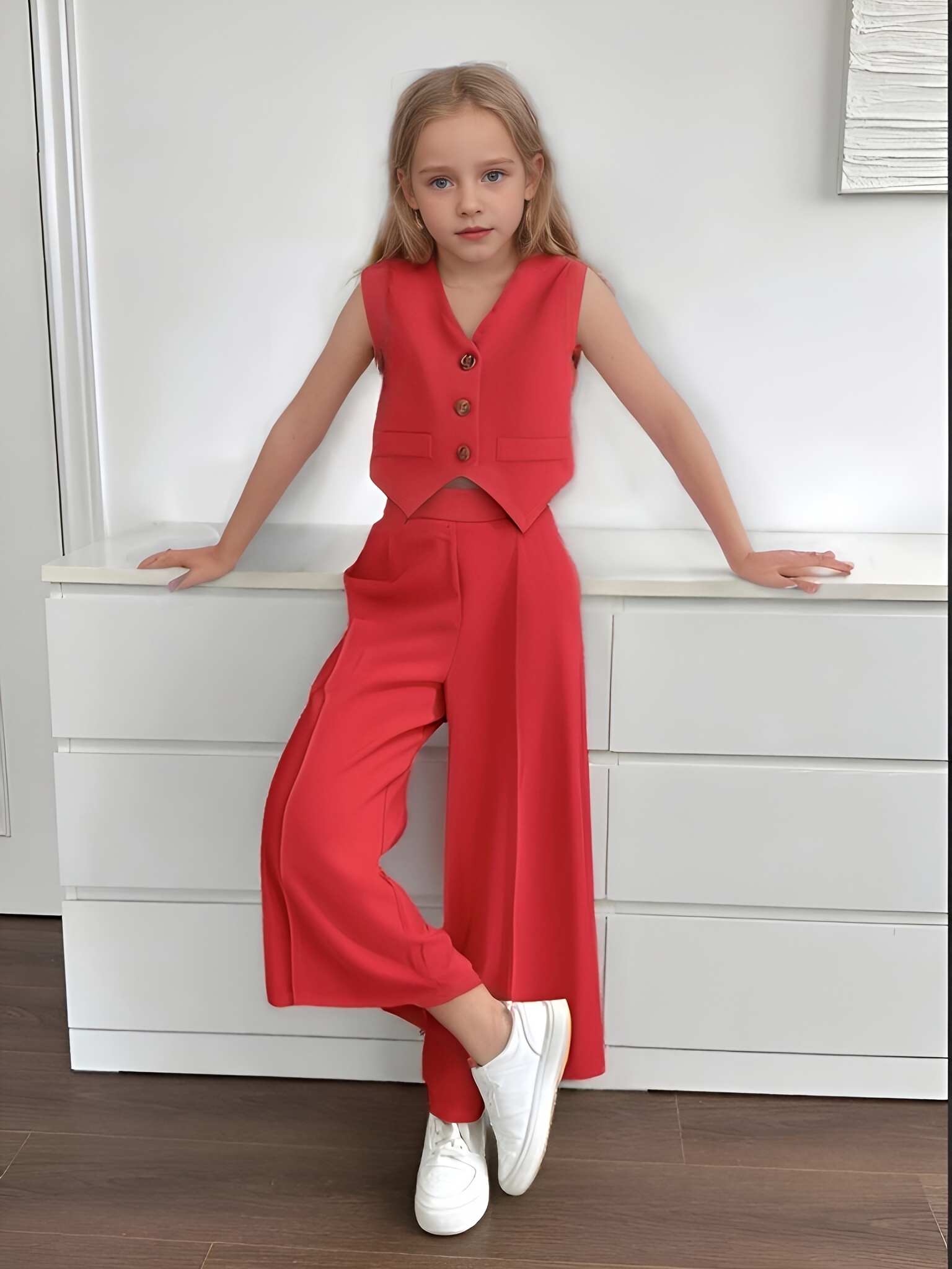 Girl's Elegant Sleeveless Cardigan Button Suit Vest Straight-Leg Casual  Solid Color Pants Two-Piece Set, Length at Front Outdoor