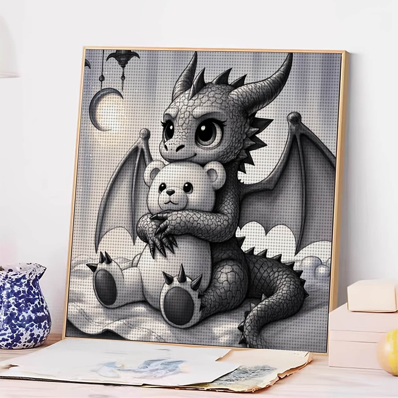 Cross Stitch Printed Kit, Frameless, Dragon Hugging Teddy Bear Pattern