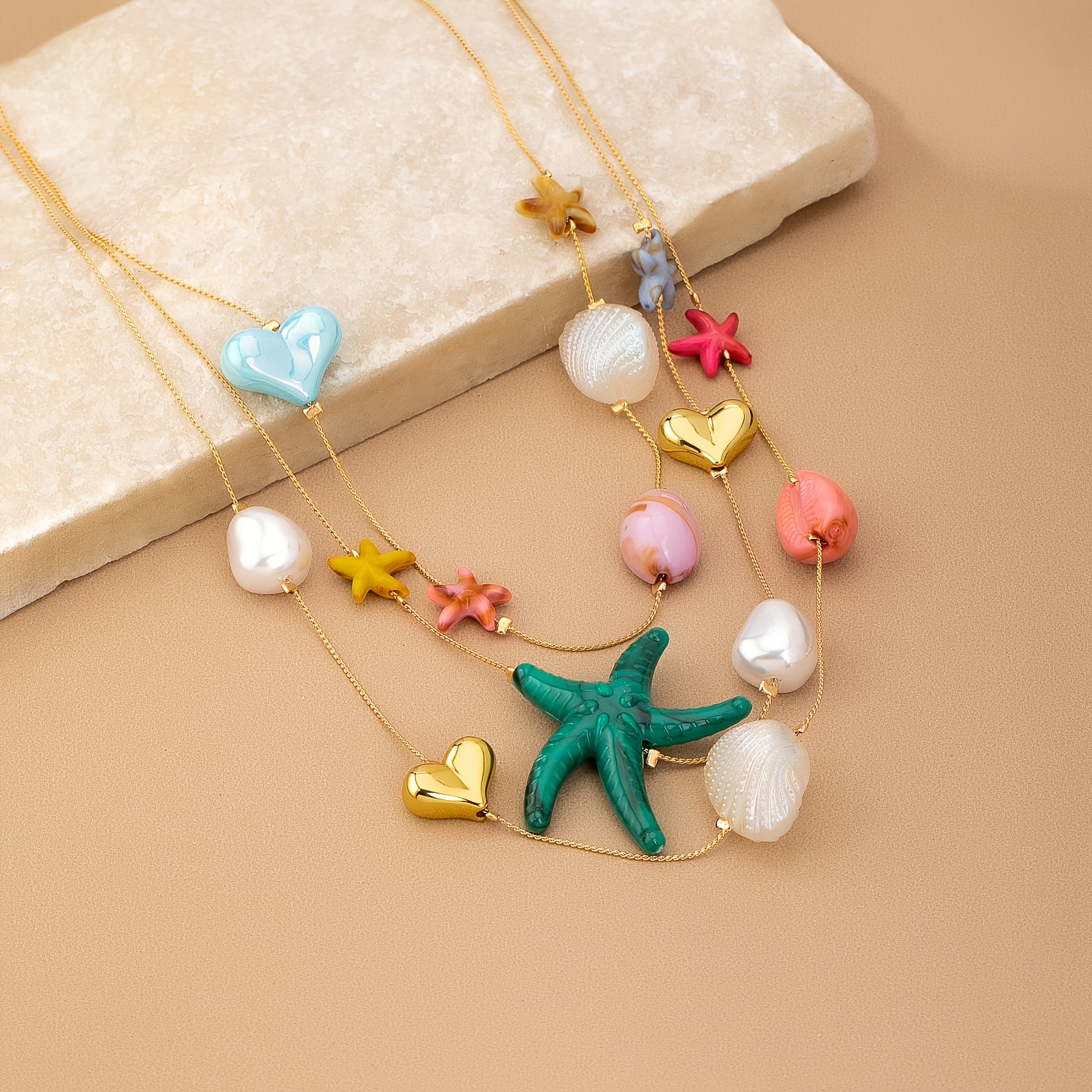 TEMU 1pc Women's Beach Necklace With, Starfish & Pendant - Multi-layered Nautical Jewelry Suitable For Vacation, Party, Casual Attire - & Starfish