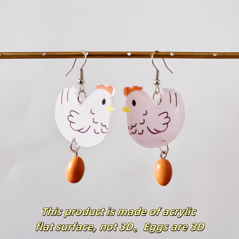 Image of A Unique And Creative Pair Of Hen Egg Laying Acrylic+resin Material Combination Pendant Earrings With Fun, Cute, Cartoon Design, And Versatile Earrings