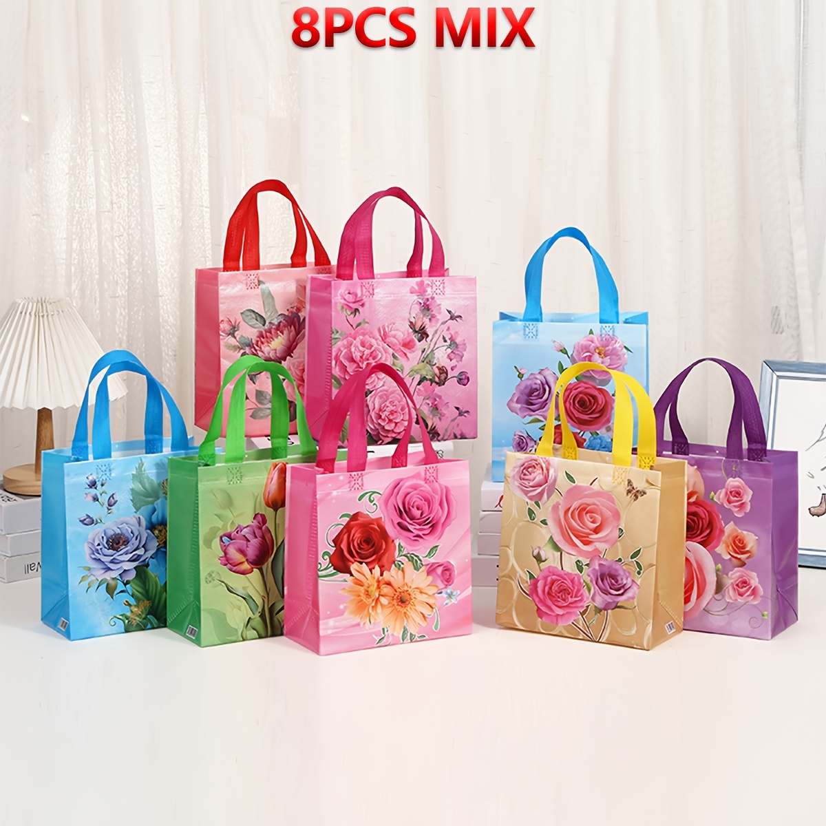 Image of 8pcs Non-woven Gift Bags, Tote Bags, Blossoms Pattern Printed Gift Packaging Bags, And Birthday Party Universal Atmosphere Decoration Gift Bags, Sturdy Shopping Bags For Parties .