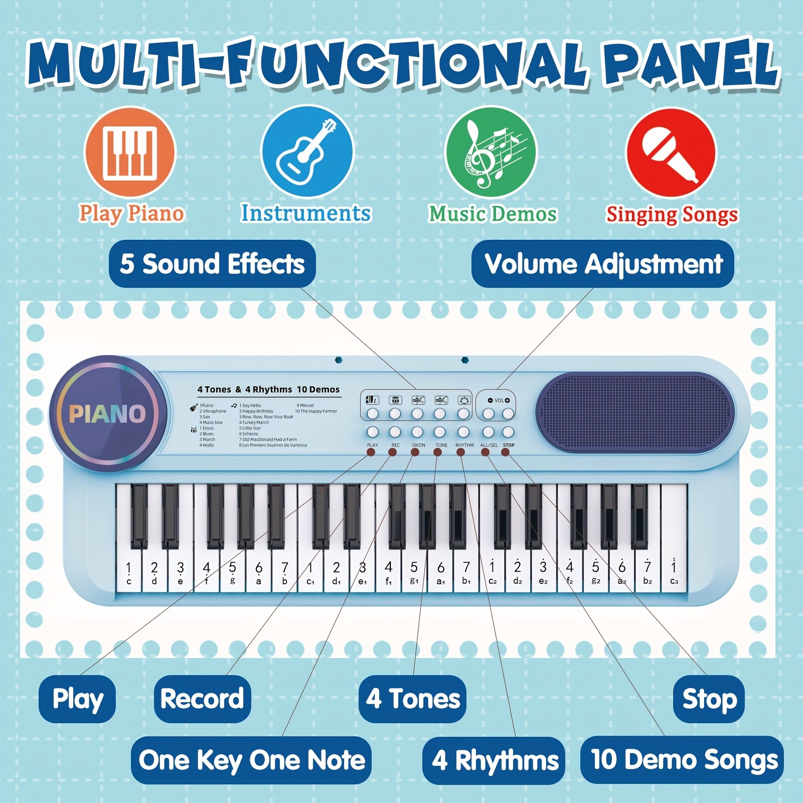 Image of Piano Keyboard With Microphone, 37-key Blue Portable Music Toy, Electronic Musical Instrument Gifts, Battery Operated (not Included)