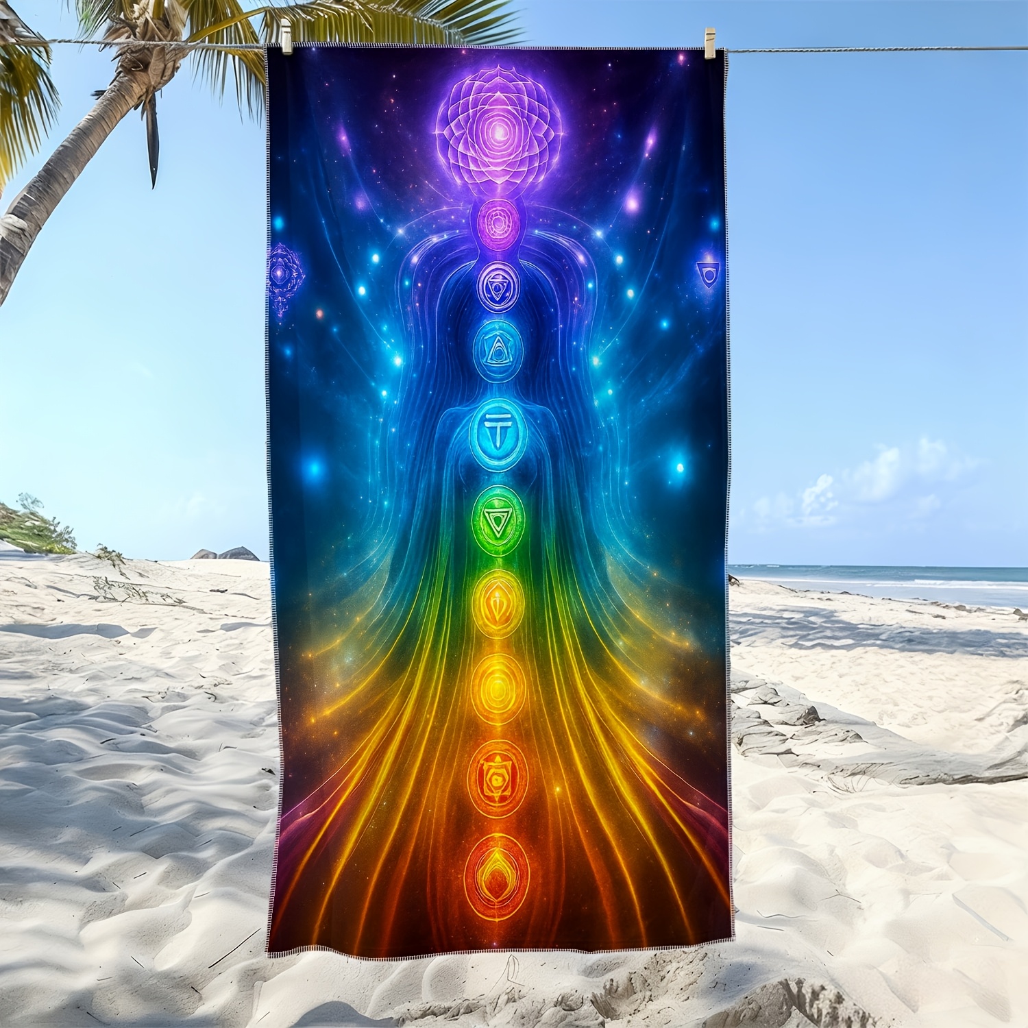 TEMU 2d Flat, 1pc, Chakra Energy Style 2d Flat Printed Pattern Soft Beach Towel, Microfiber Bath Towel, Quick-drying, Super Absorbent, Suitable For