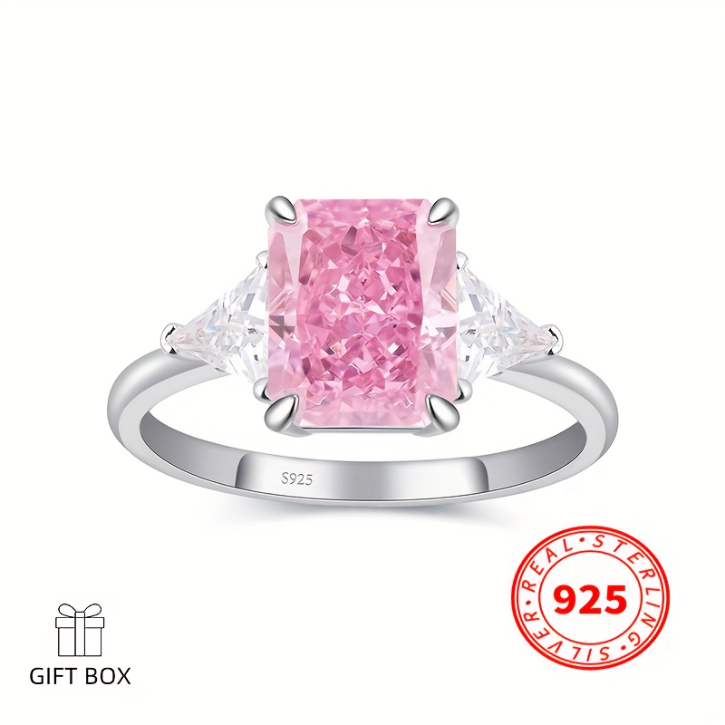 

Pink 4ct 925 Sterling Silver Radiant Cz Engagement Rings For Women, Women's Radiant Cut 3-stone Engagement Promise Ring Sterling Silver