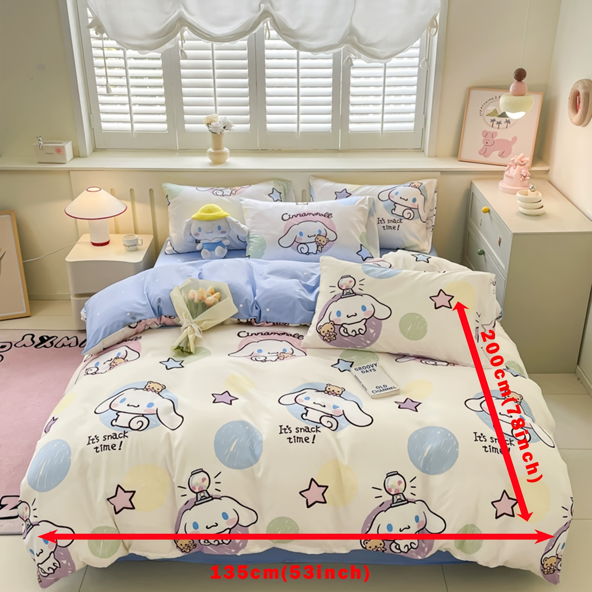 E-shop Sanrio Hello Kitty My Melody Cinnamoroll Kuromi 3-teiliges Bettwäsche-Set mit einem Bettbezug und zwei Kissenbezügen mit Cartoon-Print, geeignet