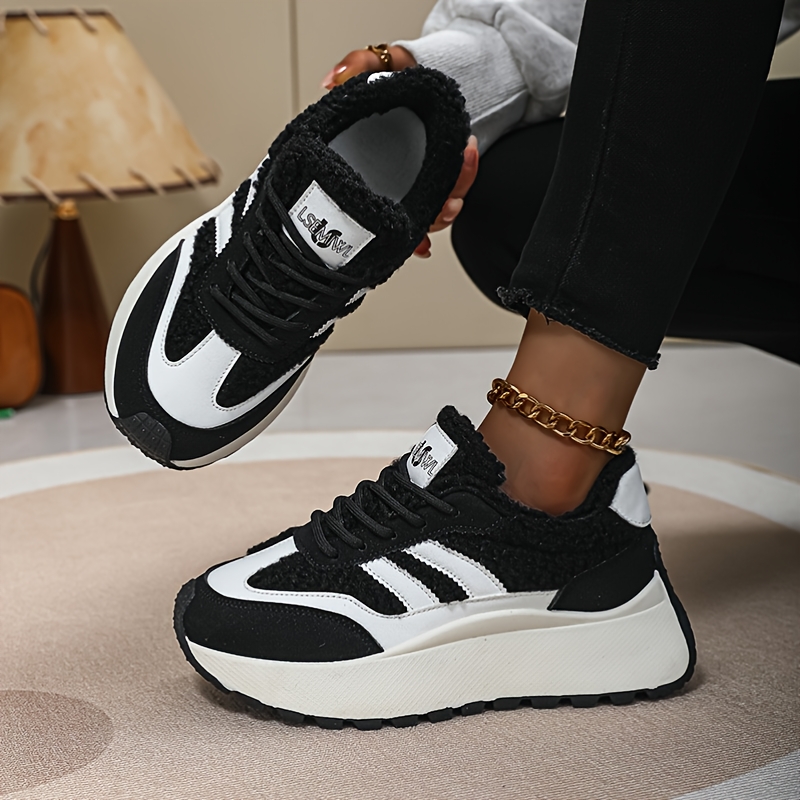 TEMU Lsemiwl Women's -lined Winter Sneakers - Platform Height Increaseers, Warm Retro Skate Shoes With Tpr Sole & Round Toe, Low-top Lace-up Suitable