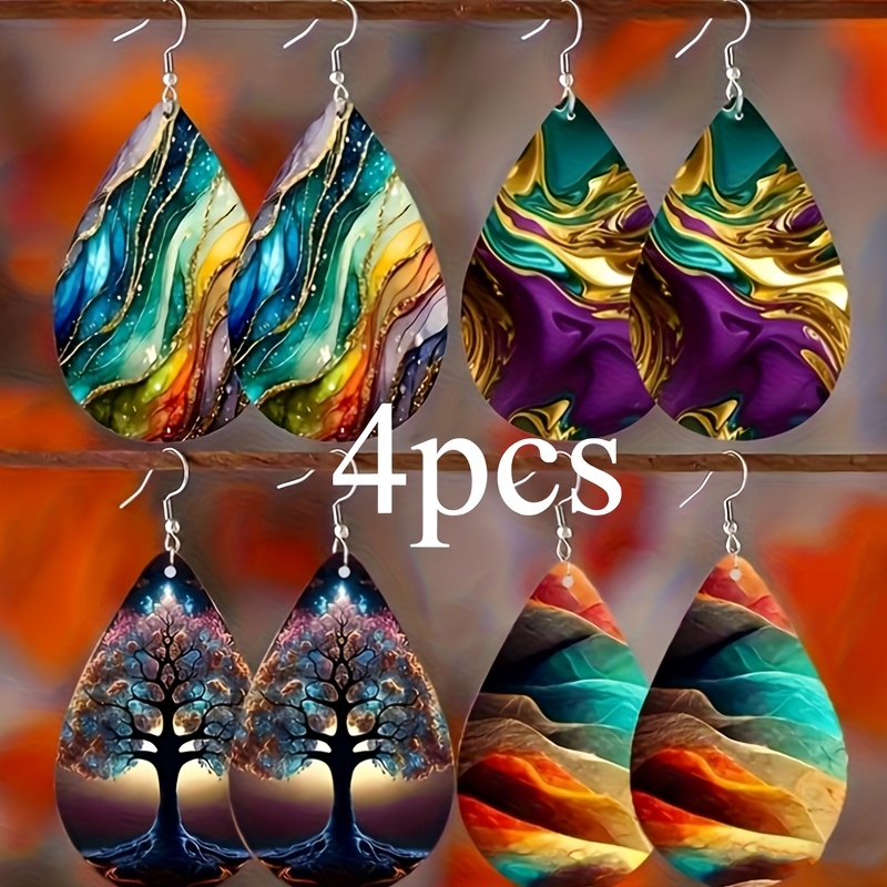 TEMU Impression plate 2D, 4 paires de boucles d'oreilles bohèmes élégantes, cadeau de Noël